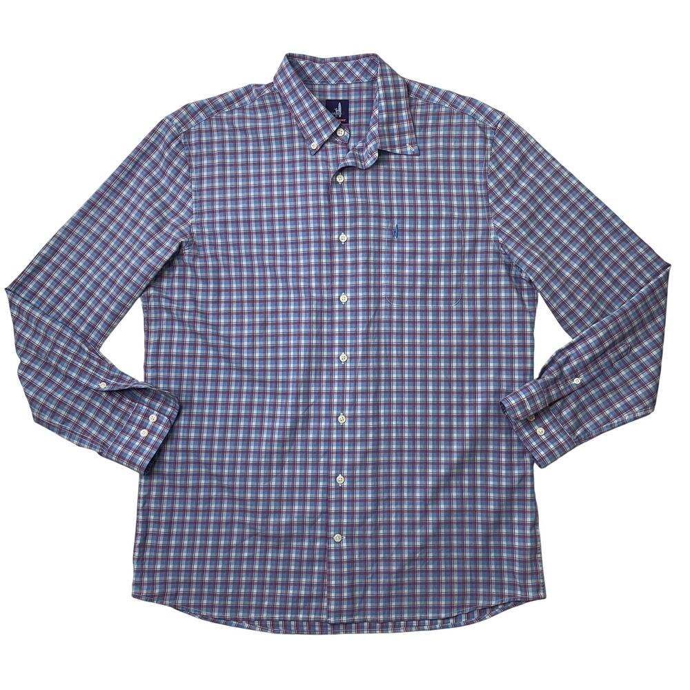 Johnnie-O Shirt Mens Large Scarlet Blue Plaid Prep-formance Button Down Stretch